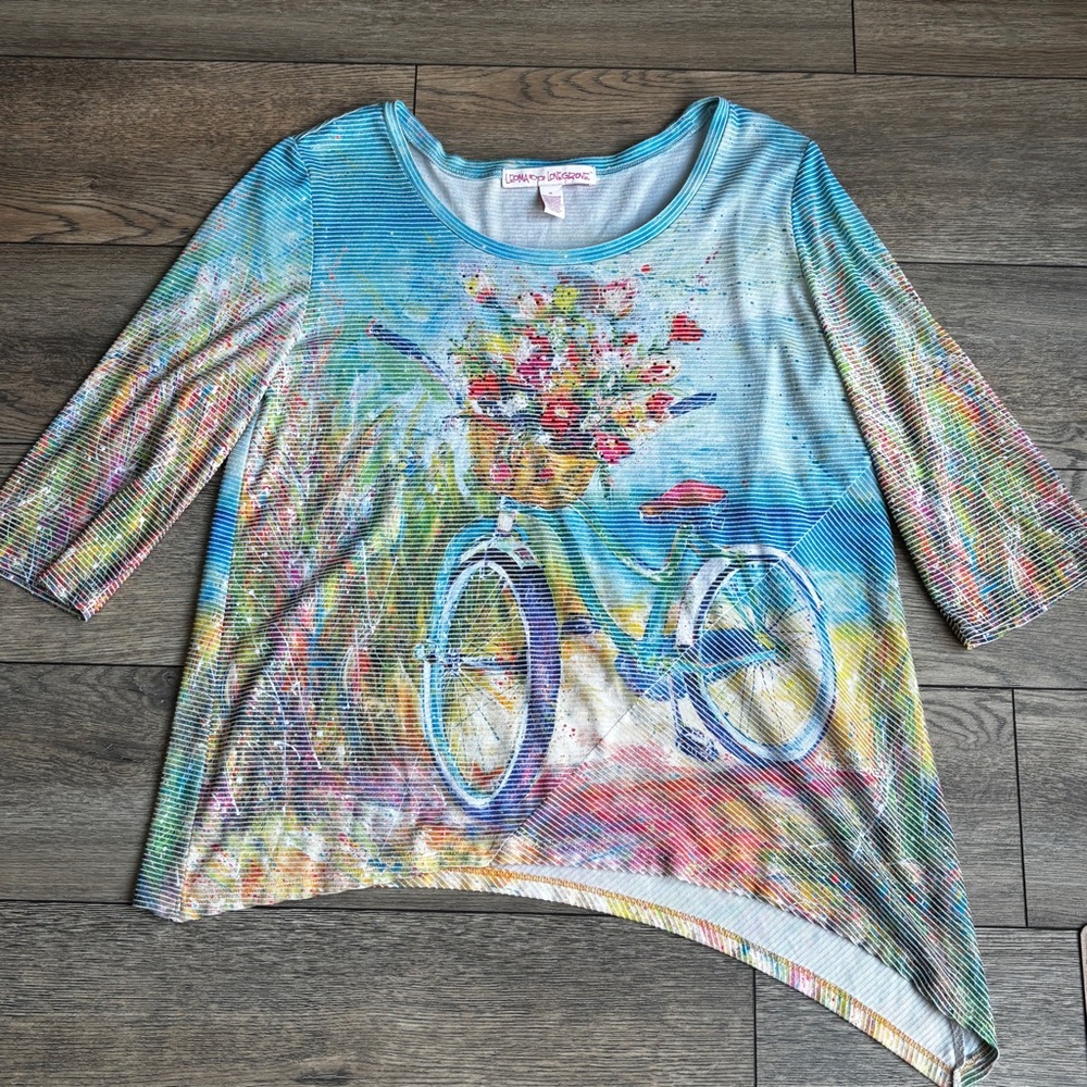 Leoma Lovegrove 3/4 Sleeve Bicycle Print Art To Wear Shirt Top Sz XL